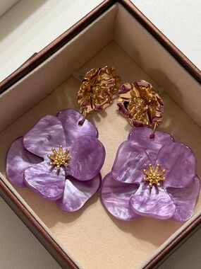 Golden Lilac Floral Double-Layer Dangle Statement Earrings.